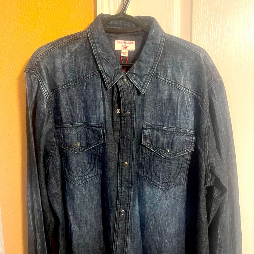 NWT $149 True Religion distressed denim shirt sz xxx large Slim Fit
